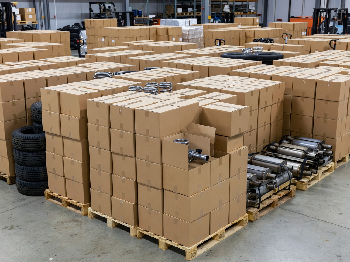 Boxed automotive components ready for dispatch