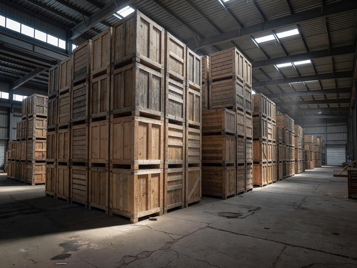 Large wooden crates in an industrial warehouse